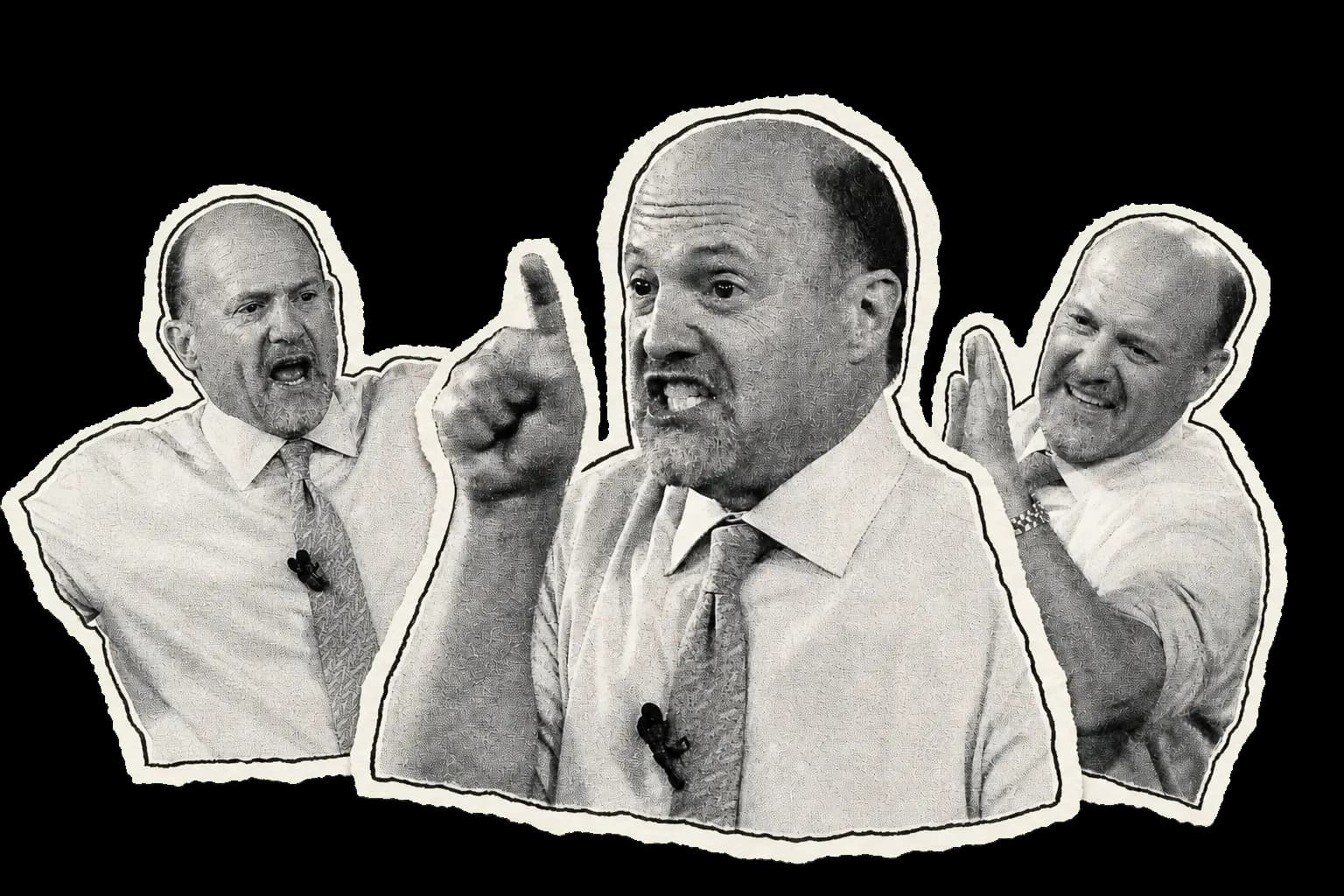 Three black-and-white newspaper cutouts of Jim Cramer making animated expressions.